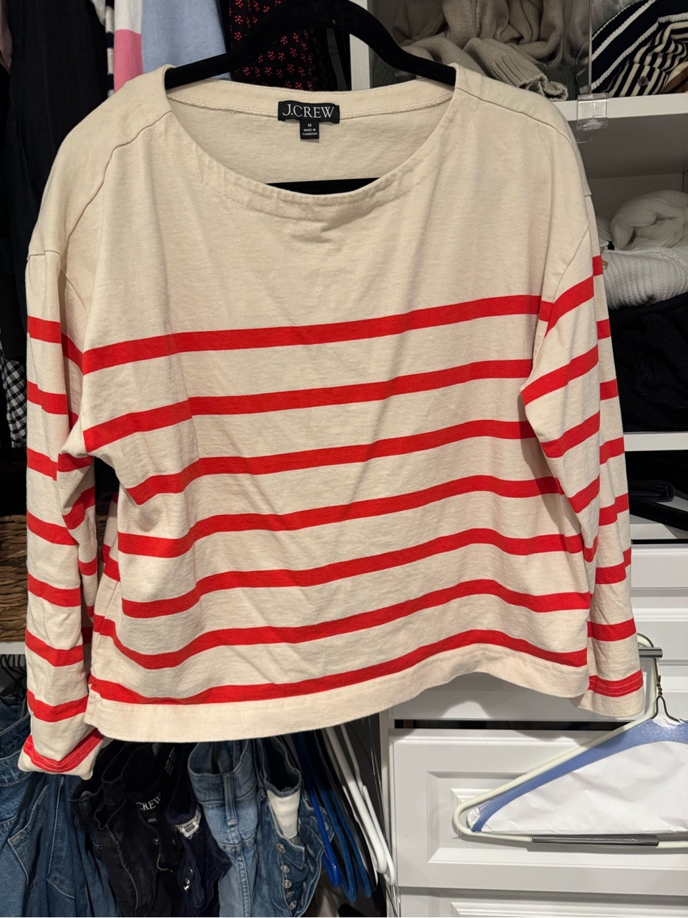 J. Crew Cream and Red Striped Long-Sleeve Tee